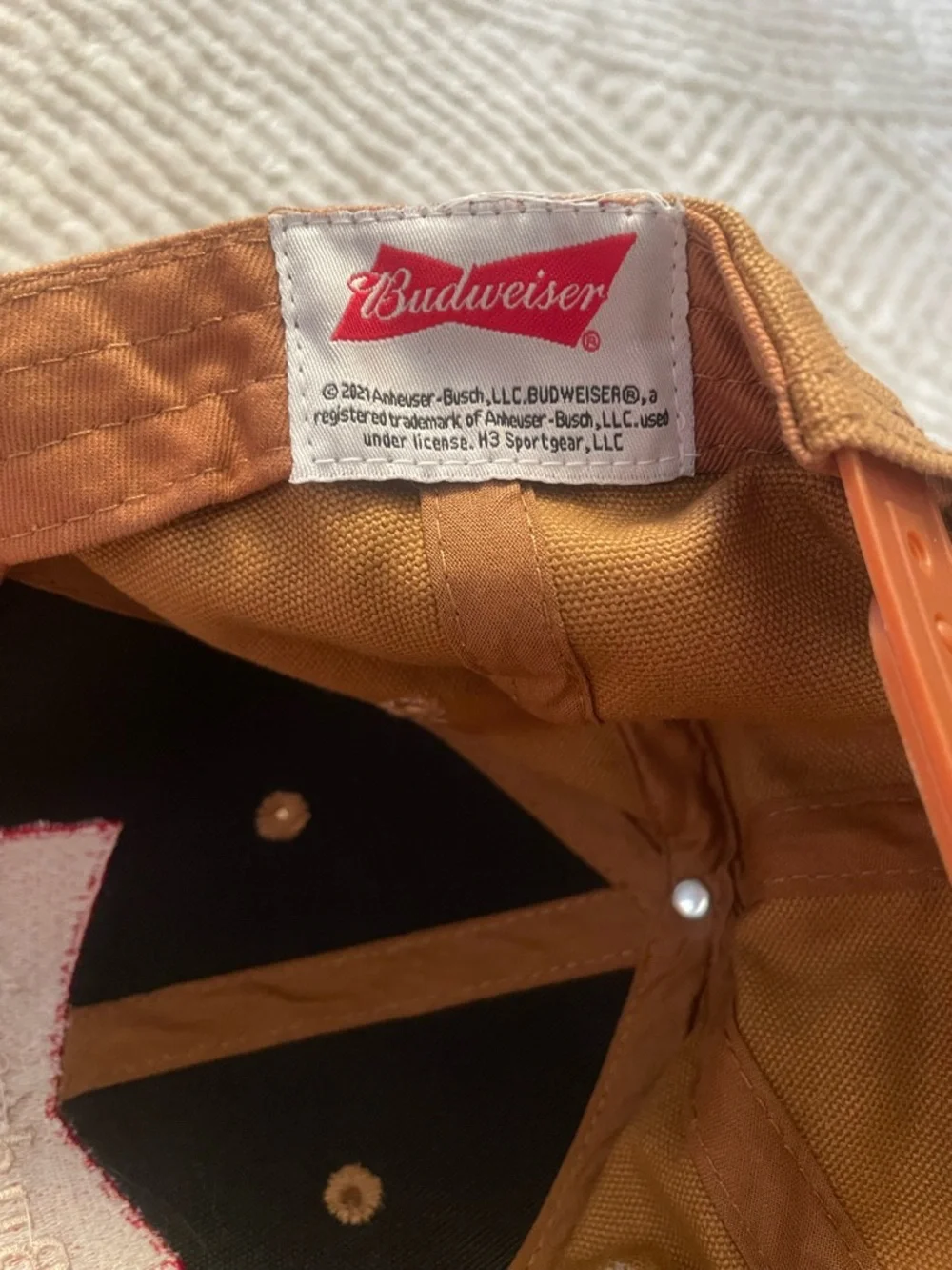 Budweiser Men's Tan Canvas Snap Back Cap with Red Logo